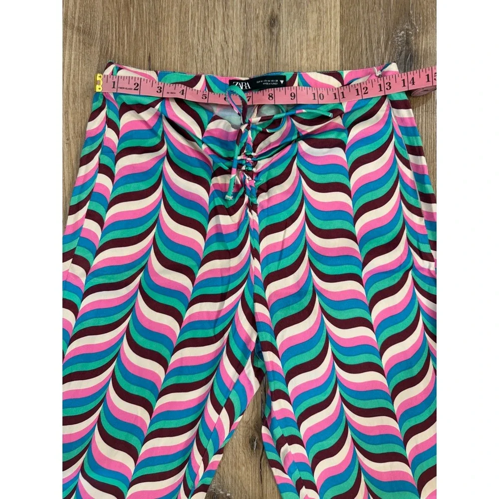 Zara Flare Pants Womens Medium Multicolor Psychedelic‎ Wavy Print Lace Up Retro